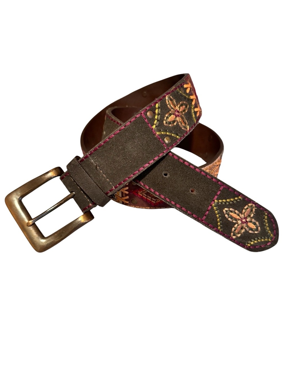 Fossil Embroidered Patchwork Suede Leather Belt Size Medium VTG Y2K Western